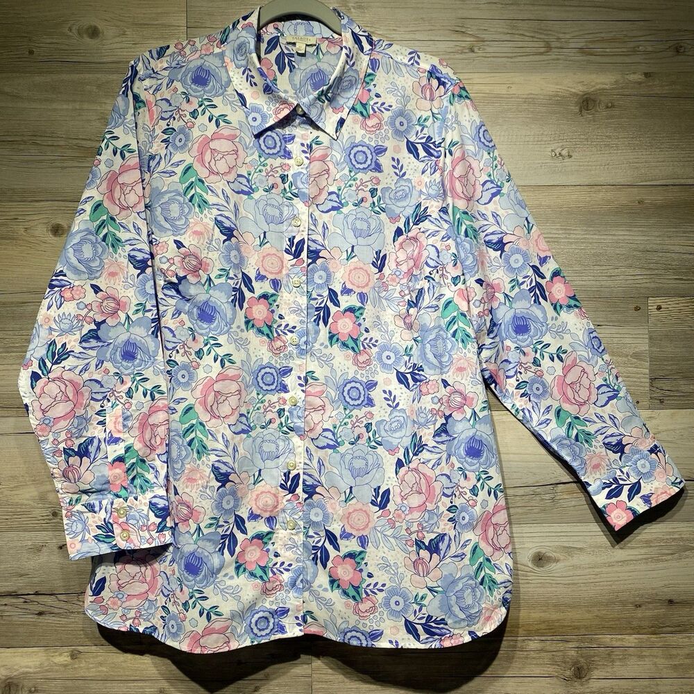 Talbots Button Up Floral Shirt Top 1X Lightweight Cotton Long Sleeve Multicolor